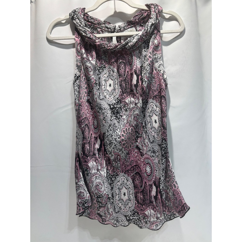 Dressbarn Halter Top Women Small Pink‎ Black Paisley Keyhole Back Sleeveless